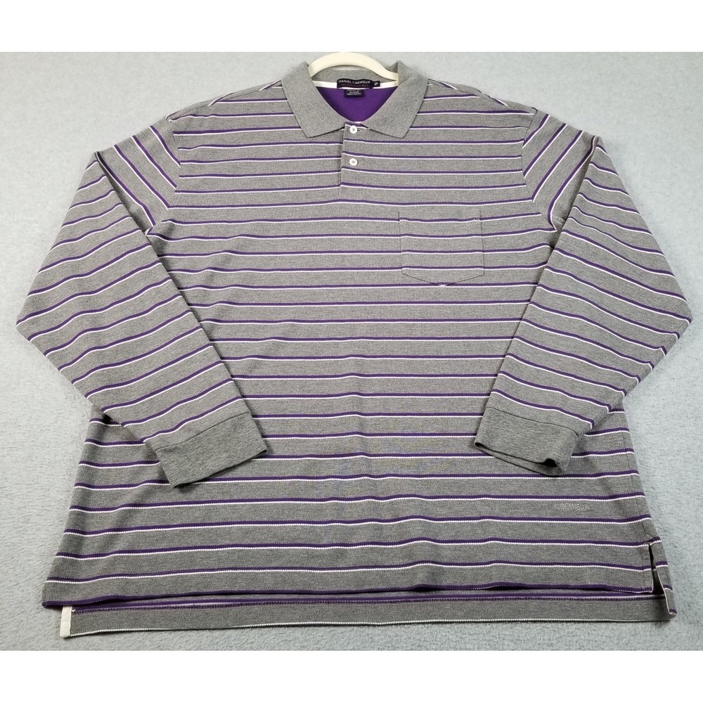 Daniel Cremieux Polo Shirt Men XL Gray Purple Striped Long Sleeve Classic Preppy